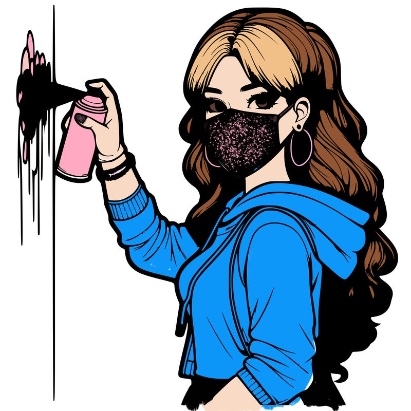 realistic girl with mask spray painting a wall