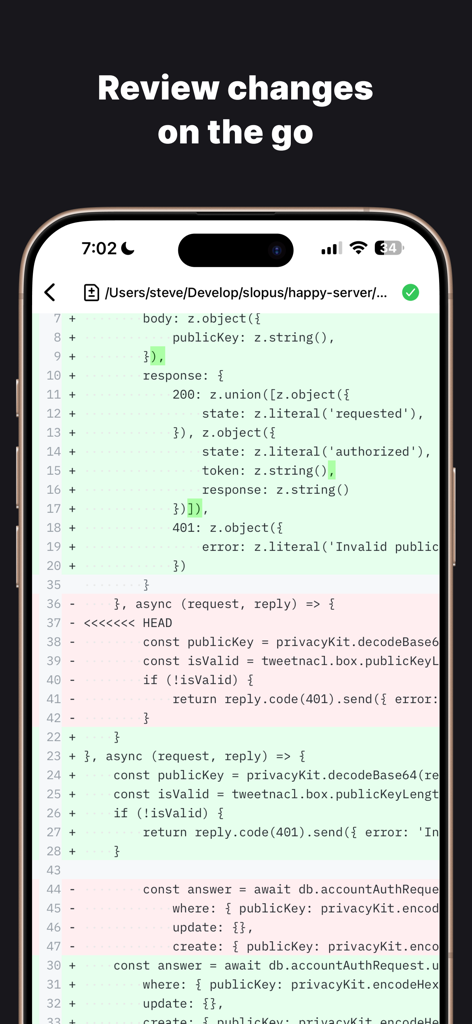 Happy: Codex & Claude Code App - A mobile interface displaying a code diff with green additions and red deletions for reviewing AI coding tasks on the go.