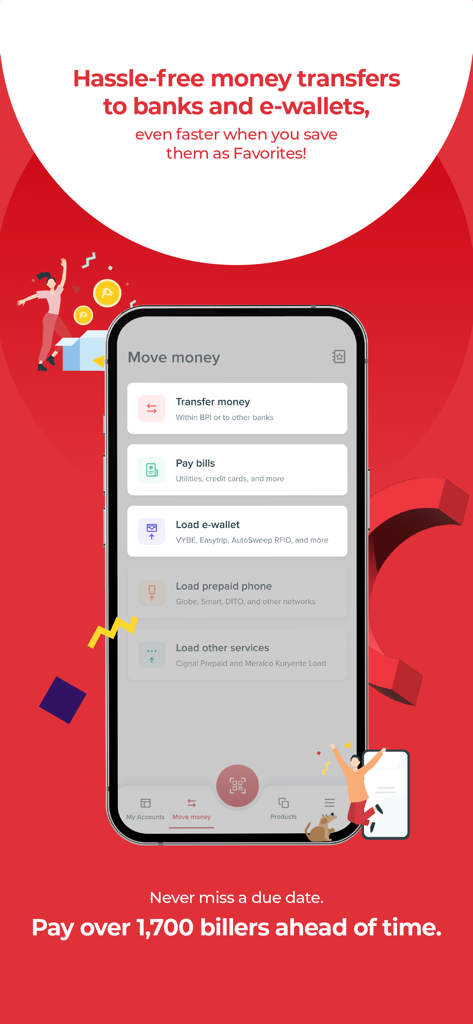 BPI mobile app interface for transferring money and paying bills