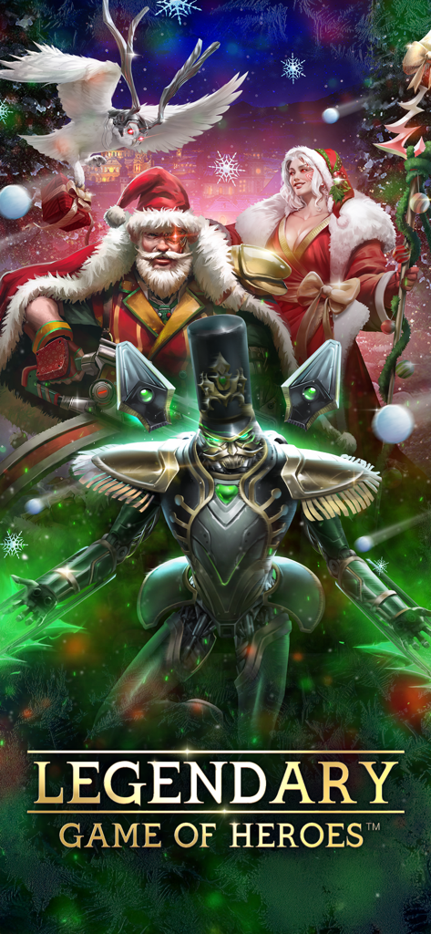 Legendary: Game of Heroes - High fantasy characters including a cyborg Santa and robotic nutcracker in a holiday themed promotional image for Legendary Game of Heroes.