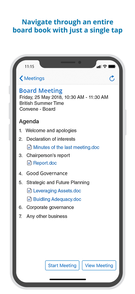 Azeus Convene mobile interface displaying a board meeting agenda with links to reports and meeting minutes
