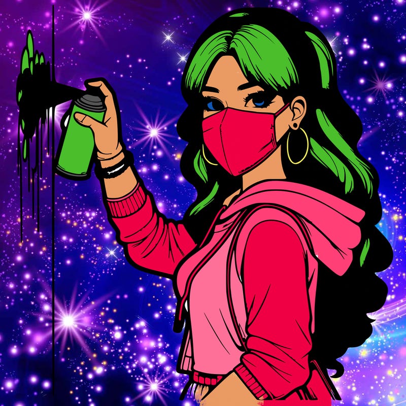 realistic girl with mask spray painting a wall