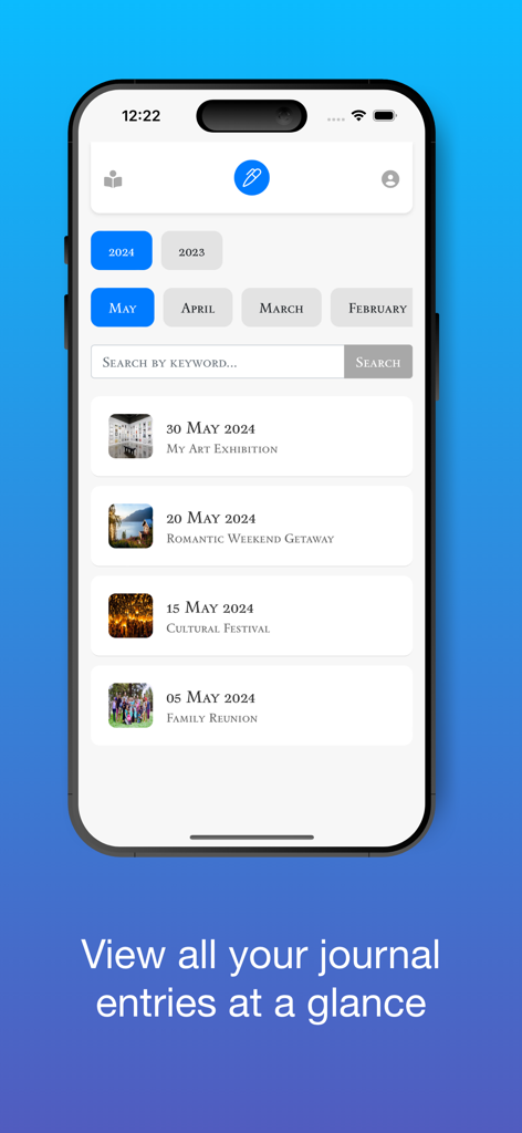Personal Daily Diary Journal - Interface showing a list of personal journal entries with dates and photo thumbnails.