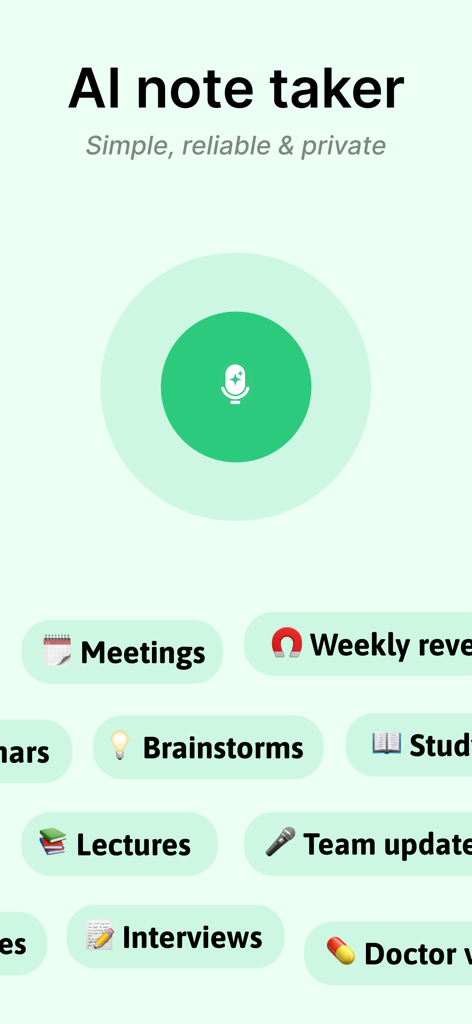 Yap: AI Note Taker - Interface of Yap AI Note Taker showing a recording button and various note categories like Meetings and Lectures