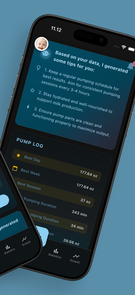 My Milk Stash: Pumping tracker - Pump-Tracker App-Bildschirm, der personalisierte Tipps und ein detailliertes Pump-Protokoll mit Milchvolumen- und Dauerstatistiken zeigt.