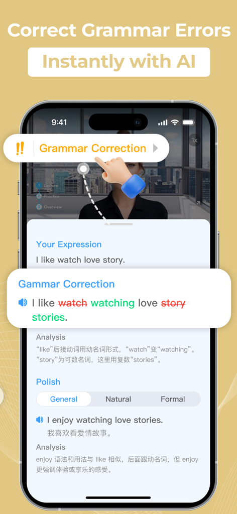 Talkora：Fun Language Learning - Talkora app screenshot showing instant AI grammar correction and language feedback