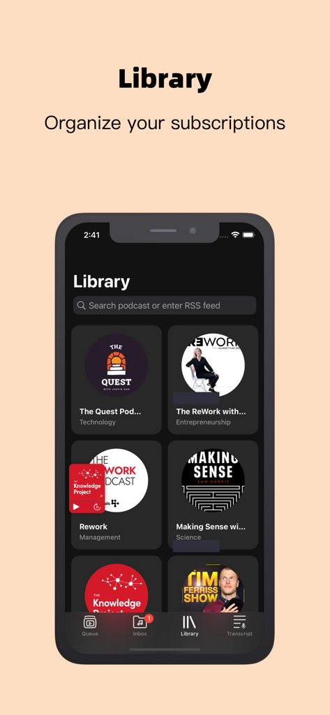 Lightcast - AI Podcast Player - Lightcast podcast app library showing organized subscriptions and a search bar