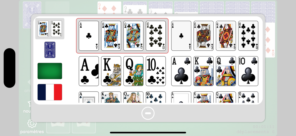 Solitaire - Cards - Un menú de personalización en la aplicación Solitario que muestra diferentes diseños de caras de cartas y opciones de fondo para una fácil visualización