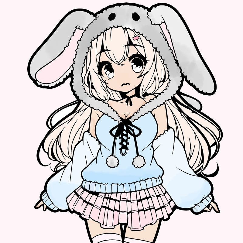 pretty anime girl wearing a fluffy hoodie with bunny ears on the hood and a skirt