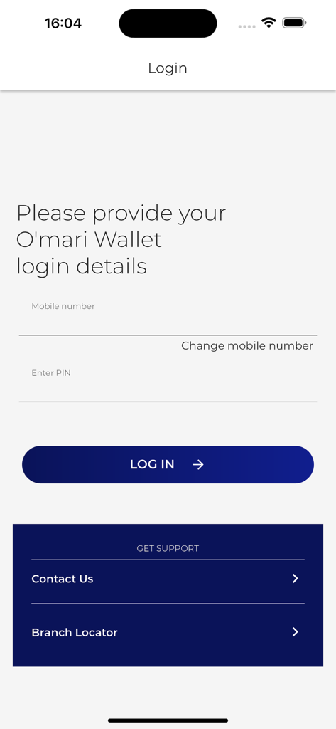 O'mari - Login interface of the Omari wallet app showing mobile number and PIN input fields