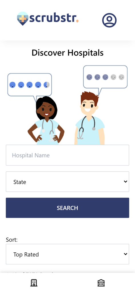 Scrubstr - Scrubstr mobile app interface for searching and discovering hospital reviews with nurse illustrations