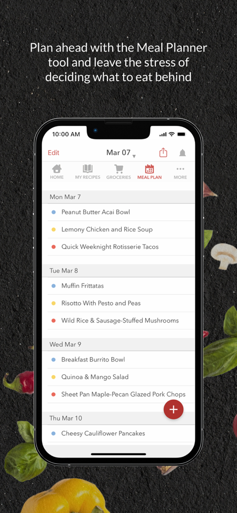 Weekly meal planner screen in the BigOven app showing a schedule of breakfast and dinner recipes for the week