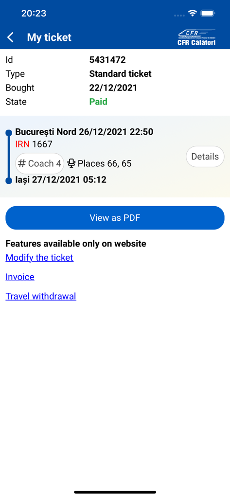 CFR Calatoriアプリに表示されるデジタル鉄道チケット、ブカレストからヤシへの旅行の詳細が表示されています