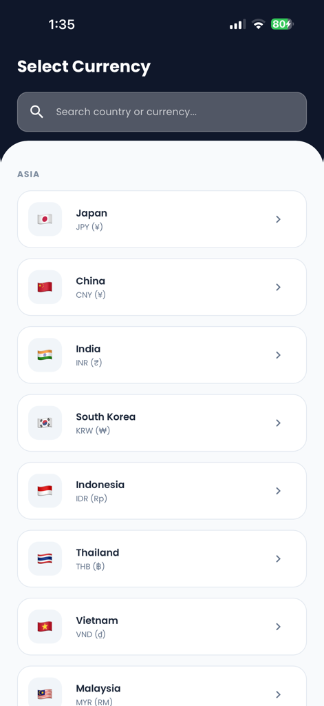 Currency selection screen in the Money Counter app showing a searchable list of global currencies including Japan China India and South Korea