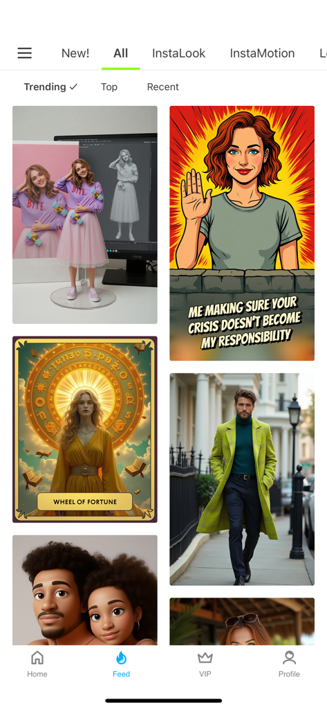 Screenshot of the Photo Lab app feed displaying trending AI-generated photo effects and artistic filters