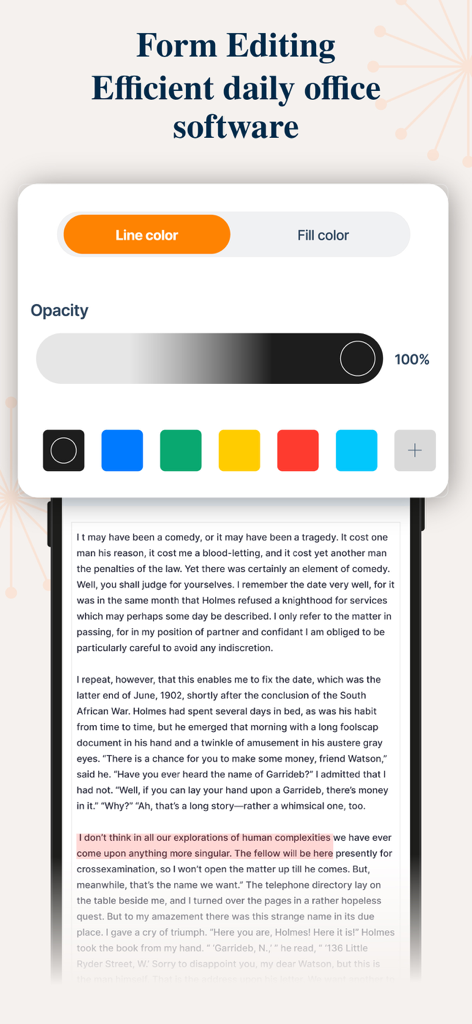 PPT Editor: Power Point Sheets - Mobile app interface showing form editing tools with color and opacity controls for document text