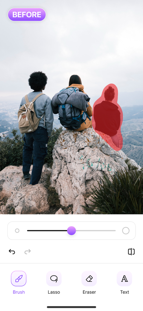 Magic Eraser app interface showing a person highlighted for removal in a landscape photo