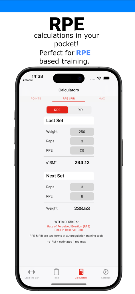 Bar Is Loaded - Gym Calculator - Bar Is Loaded app screen showing RPE and RIR calculator for powerlifting training