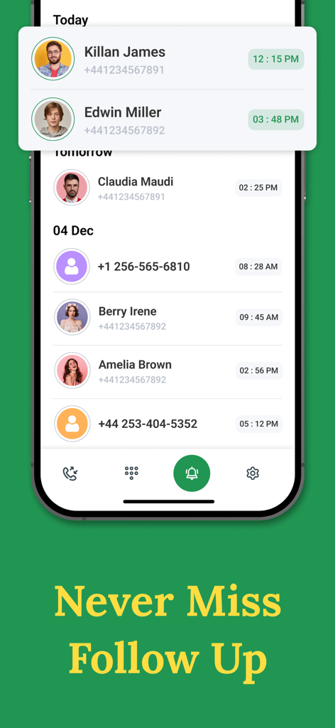 Interfaz de la aplicación móvil mostrando recordatorios de seguimiento programados con nombres de contacto y horas