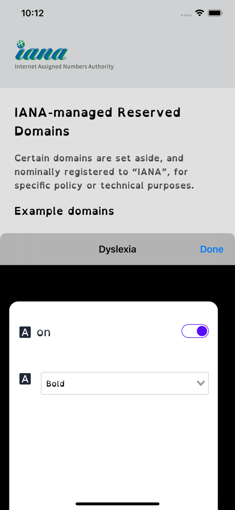 Interface of the Dyslexia .abc Safari extension showing settings to enable the dyslexic font and select bold text style on a webpage.