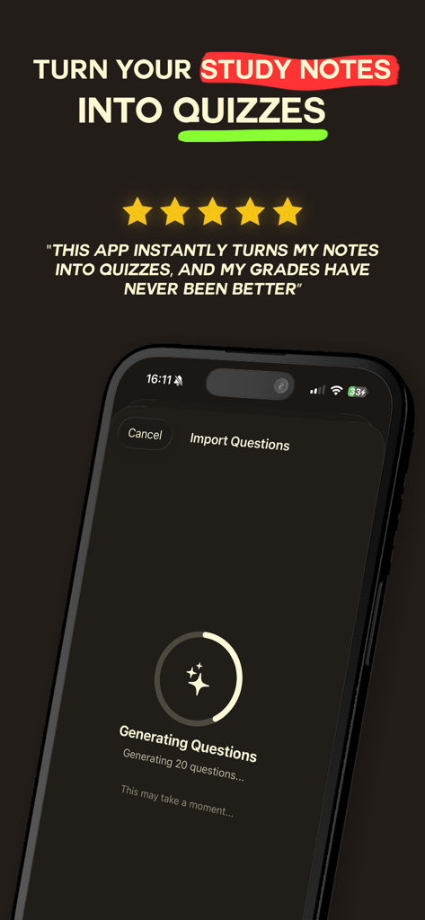 StudyNow! - AI Quiz Maker - StudyNow-App-Oberfläche, die zeigt, wie KI Fragen aus Lernnotizen mit einer Fünf-Sterne-Benutzerbewertung generiert