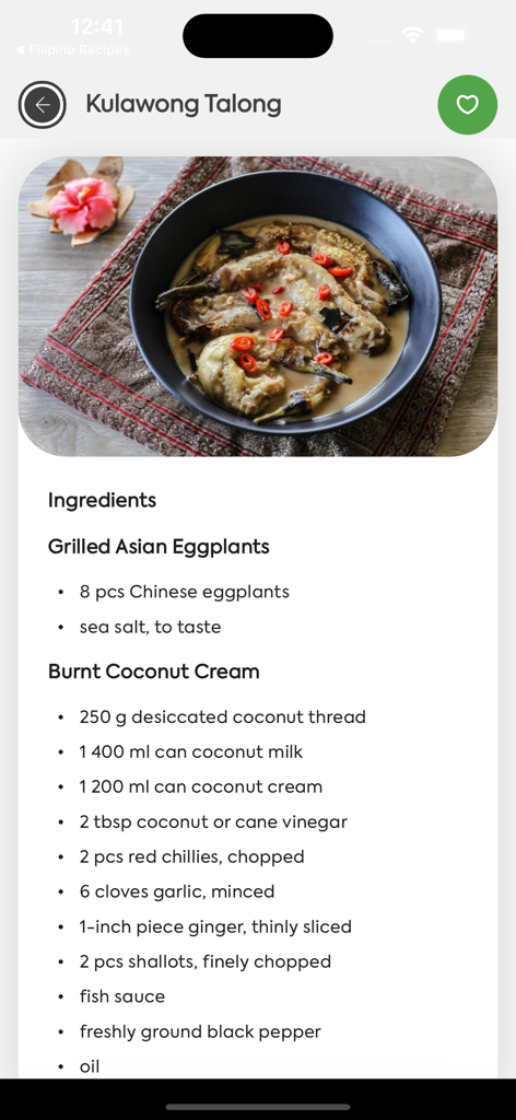 A recipe page for Kulawong Talong in the Filipino Food Recipes and Dishes app featuring an image of the dish and a detailed ingredients list for grilled eggplants and burnt coconut cream.