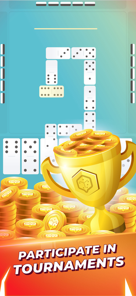 Un trofeo dorado lleno de monedas sobre un fondo de juego de mesa de dominó con texto de torneo