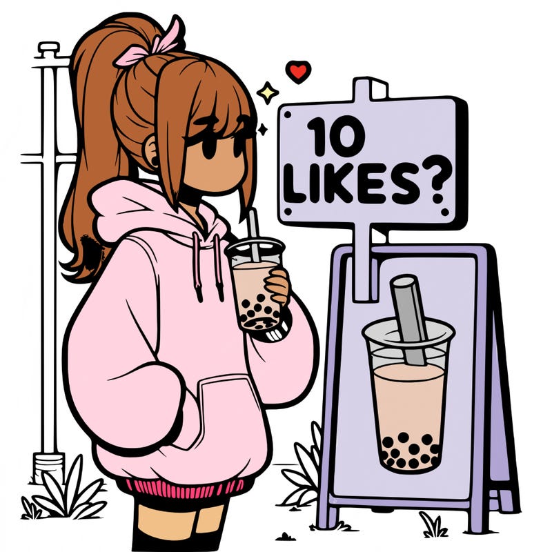 girl with oversized hoodie drinking boba and she has a high ponytail with a sign that says 10likes?