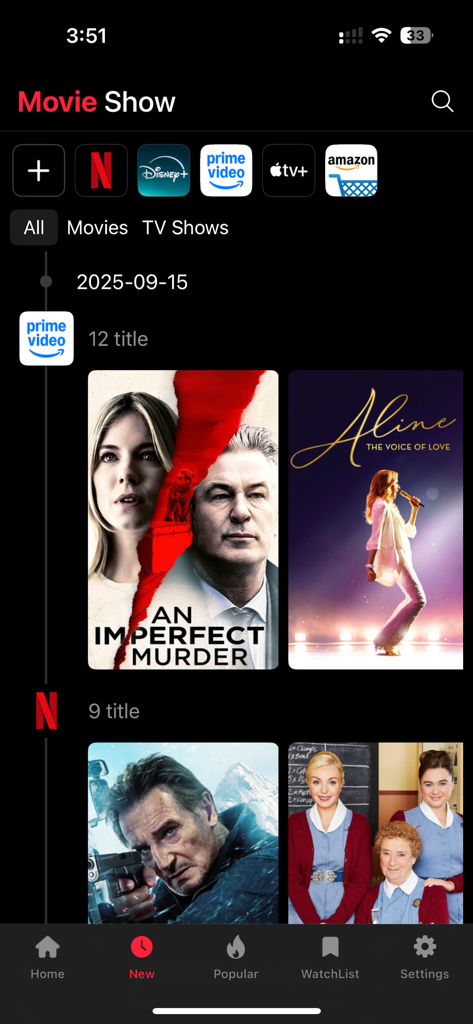Movie Boxアプリのインターフェース。NetflixやPrime Videoなどのストリーミングサービスの新着映画やテレビ番組のタイムラインを表示しています。