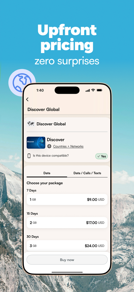 Airalo mobile app interface showing global eSIM data packages with upfront pricing for various durations and data limits