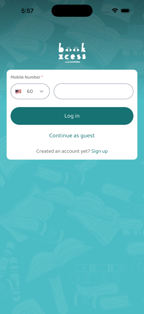 BookXcess - BookXcess app login screen featuring mobile number input field log in button and sign up options over a book patterned background