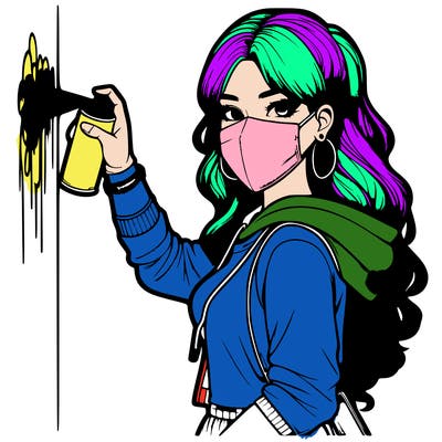 realistic girl with mask spray painting a wall