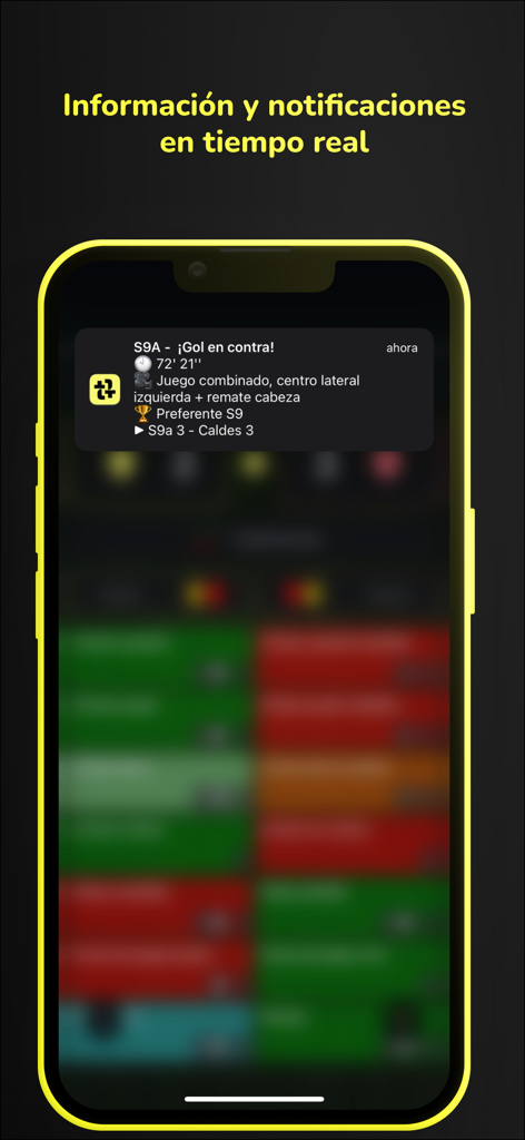 Smartphone mostrando notificações de partidas de futebol em tempo real no aplicativo Teamtag