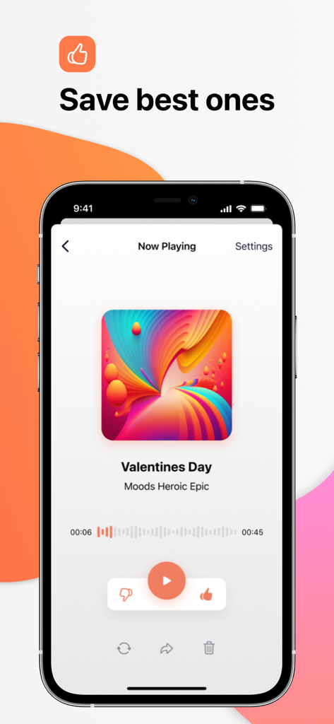 Music AI Creator・Melody Maker - A smartphone showing the Now Playing screen of the Music AI Creator app with a track titled Valentines Day and an option to save favorite tracks.