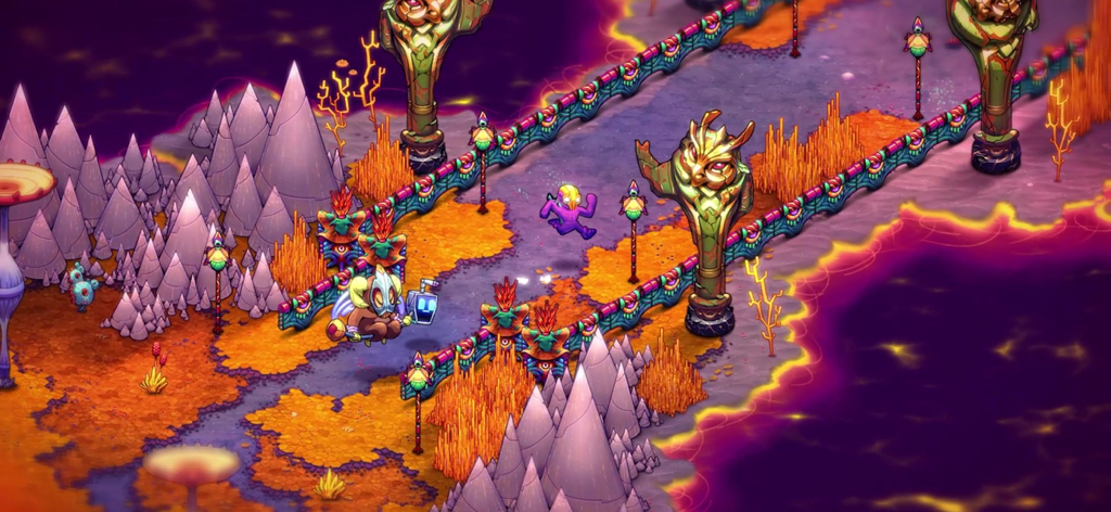 Crashlands 2 - 紫色の水と光る植物のある鮮やかなエイリアンの風景を走るキャラクター、Crashlands 2