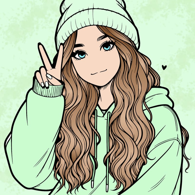 a teenage girl in a beanie, oversized sweatshirt, wavy long hair, and is showing a ✌️