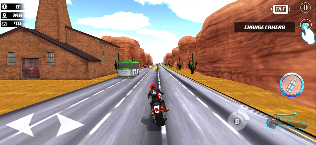 Highway Moto Rider 2 Bike Game - Gameplay of Highway Moto Rider 2 showing a motorcycle racing through a desert canyon road.