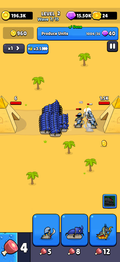 Age of Tanks Warriors: TD War - Age of Tanks Warriors gameplay showing a battle between beetle tanks and Egyptian themed units in a desert level near pyramids