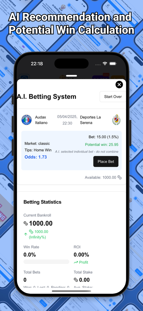 AI Betting Tips - AI Betting Tips app displaying soccer match predictions and potential win calculations with performance tracking