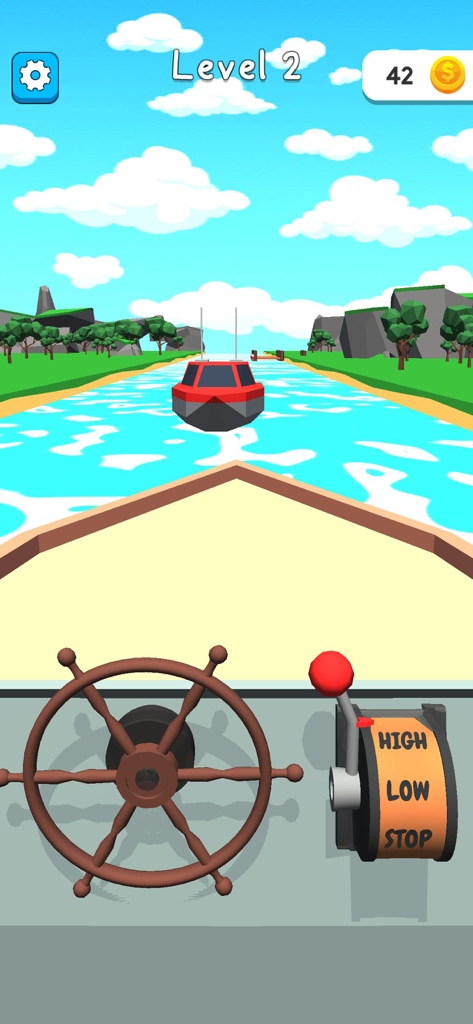 First person view of boat navigation featuring a wooden steering wheel and speed lever in Hyper Boat