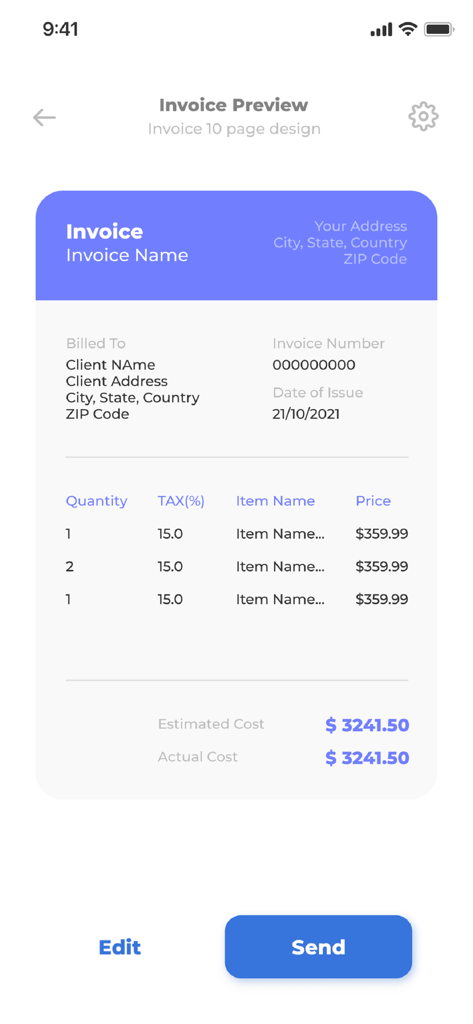 Vorschau-Bildschirm einer professionellen Rechnung in der mobilen Rechnungsgenerator- und Ersteller-App mit der Option zum Senden.