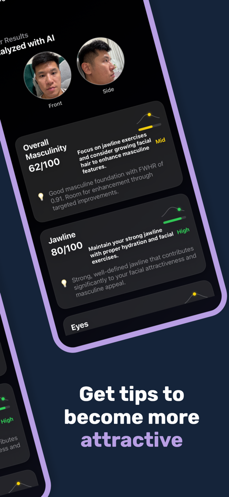 LooksMax AI Private Face Rater - Bildschirm zeigt Ergebnisse der Gesichtsanalyse, einschließlich Maskulinitäts- und Kieferlinienbewertungen mit Verbesserungsvorschlägen