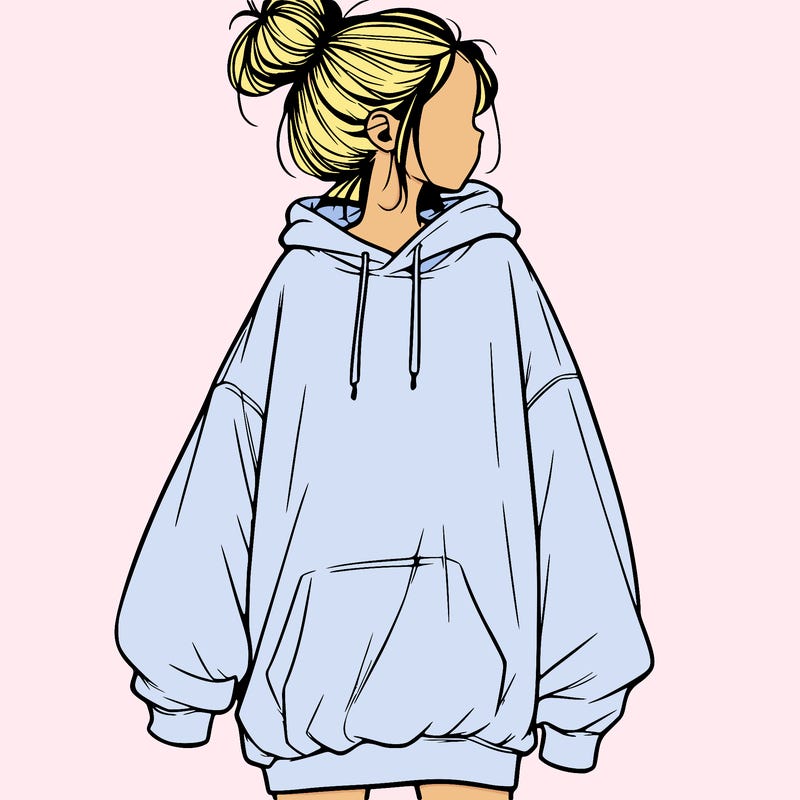 realistic girl with a oversized sweatshirt on and a bun