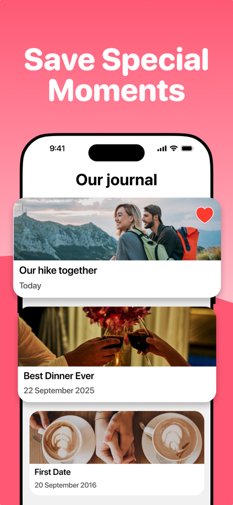 Diário de relacionamento digital exibindo uma coleção de memórias compartilhadas do casal com fotos e títulos como Nossa caminhada juntos e Primeiro encontro