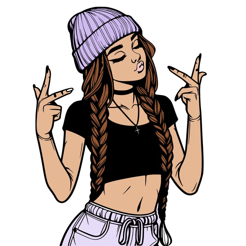 realistic teenage girl with braids and a beanie and crop top doing 🫶🏼