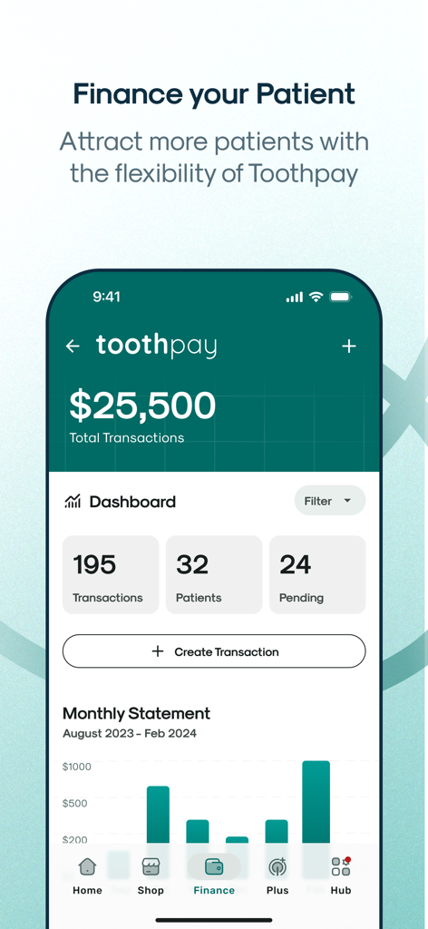 Interfaccia mobile per il dashboard Toothpay all'interno dell'app Toothpick che mostra un totale di transazioni di 25.500 dollari e un numero di pazienti pari a 32.