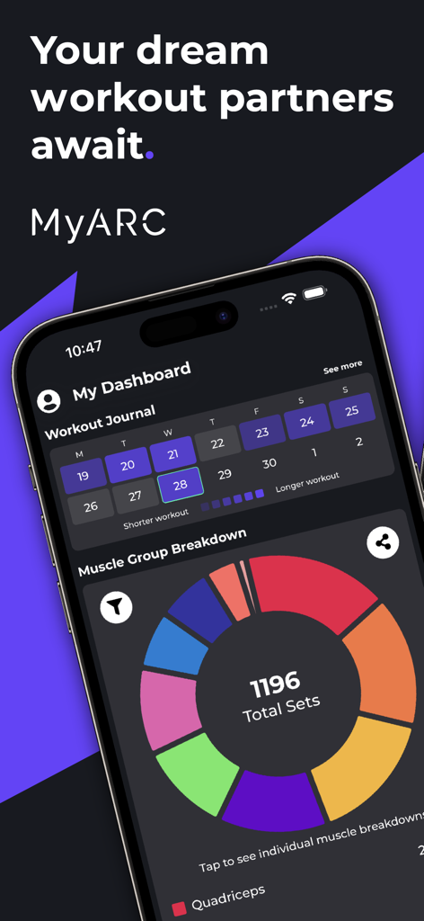 MyARC Fitness mobile app dashboard displaying a workout journal calendar and a colorful muscle group breakdown donut chart.