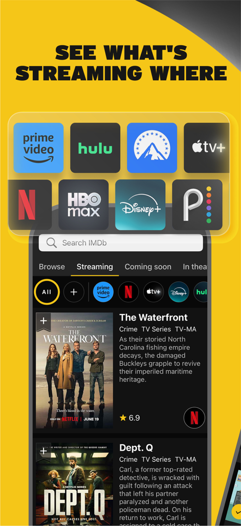 IMDb app screen showing movie and TV show streaming availability across platforms like Netflix and Prime Video