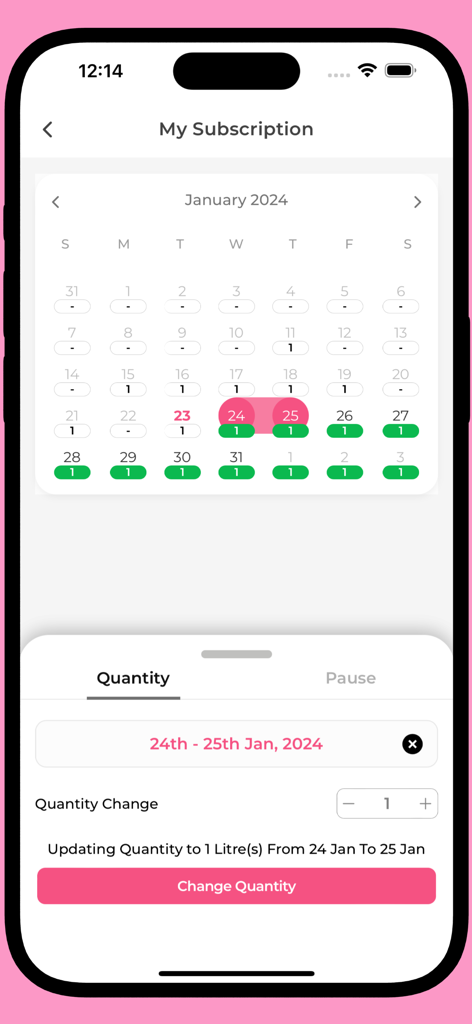 Milk and More app subscription calendar for managing daily delivery quantities