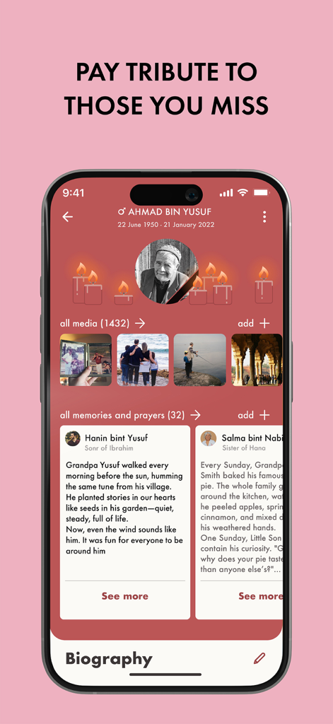 A memorial page in the Famtree app displaying photos and written memories to honor a relative